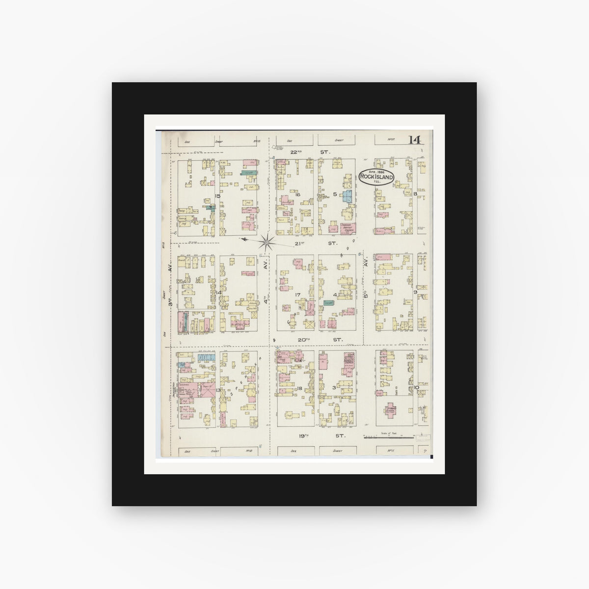 Old map wall art mockup — black gallery frame with white mat — Sanborn Fire Insurance Map from Rock Island, Rock Island County, Illinois (1886), Sheet #0014