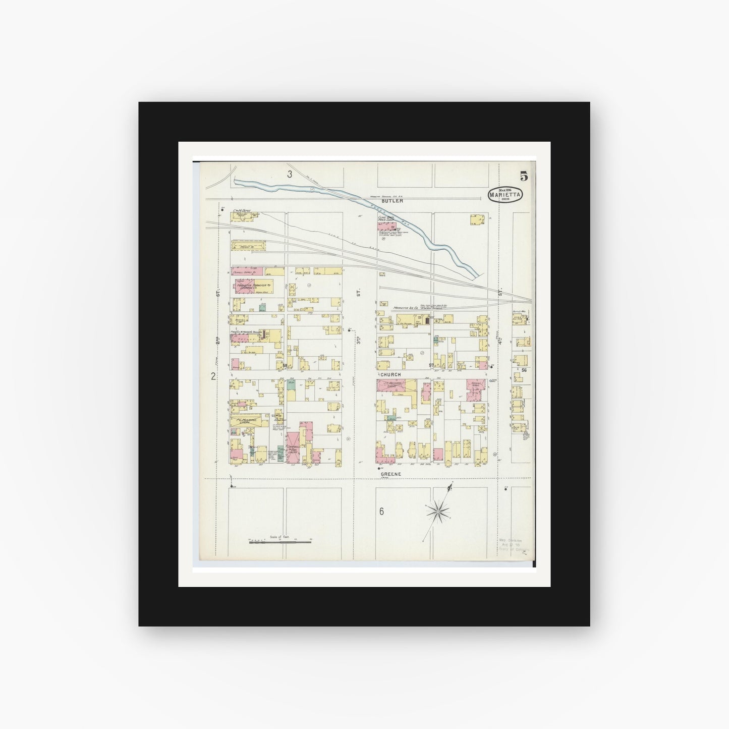 Old map wall art mockup — black gallery frame with white mat — Sanborn Fire Insurance Map from Marietta, Washington County, Ohio (1896), Sheet #0005