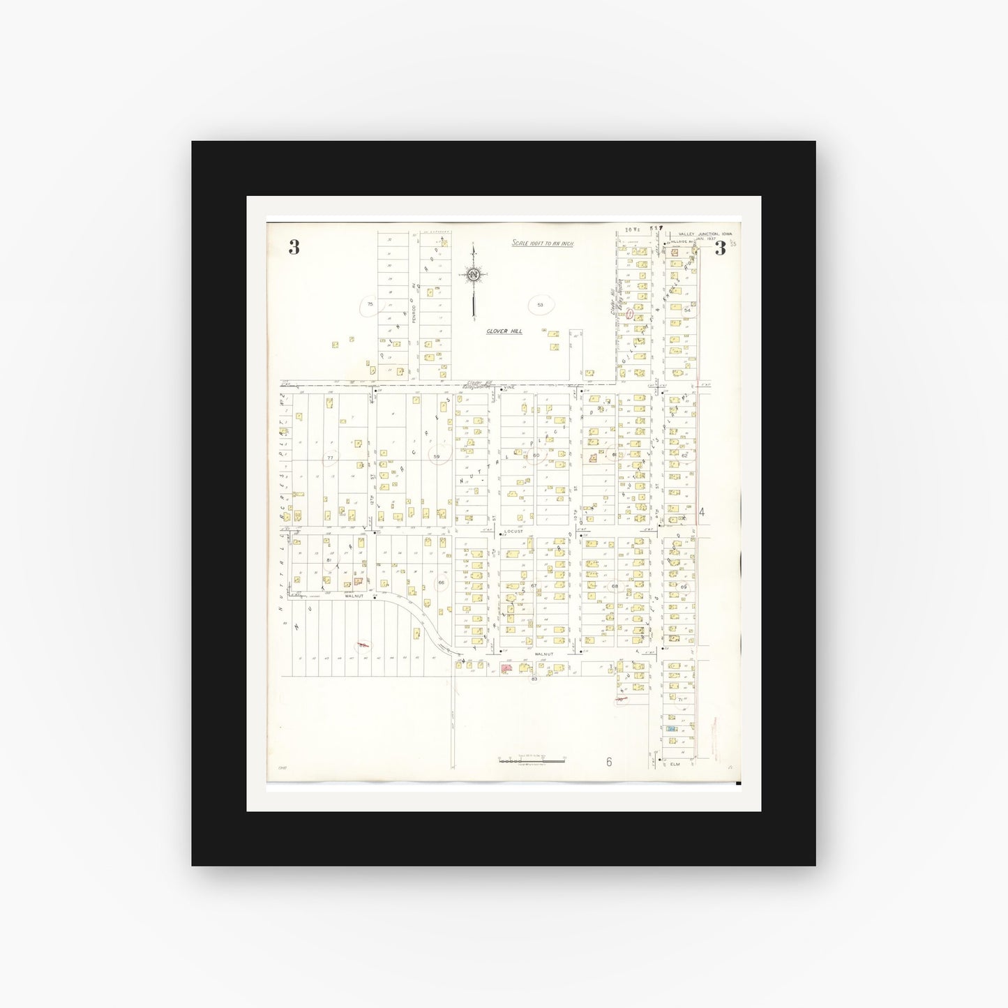 Old map wall art mockup — black gallery frame with white mat — Sanborn Fire Insurance Map from Valley Junction, Polk County, Iowa (1941), Sheet #0003
