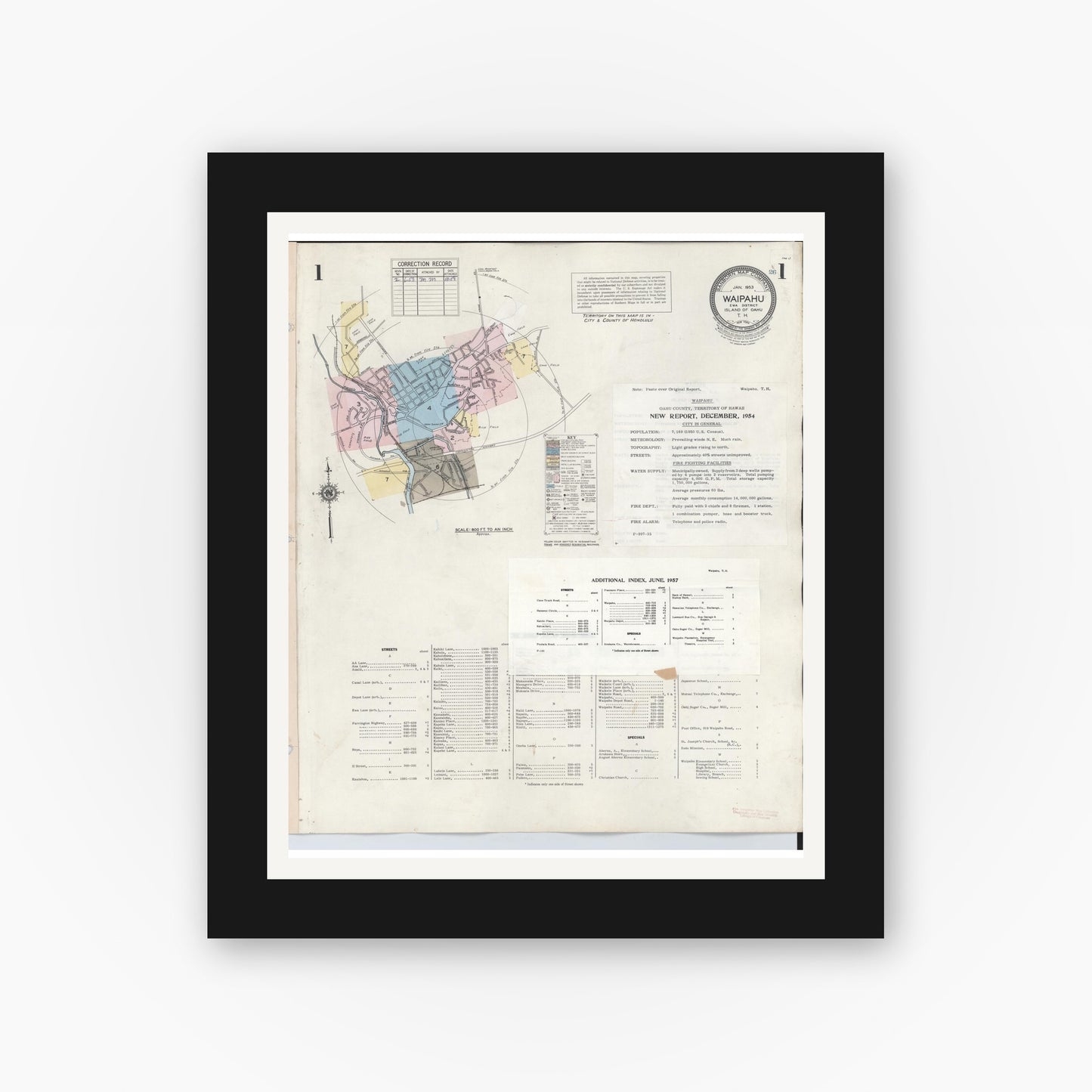 Old map wall art mockup — black gallery frame with white mat — Sanborn Fire Insurance Map from Waipahu, Honolulu County, Hawaii (1957), Sheet #0001