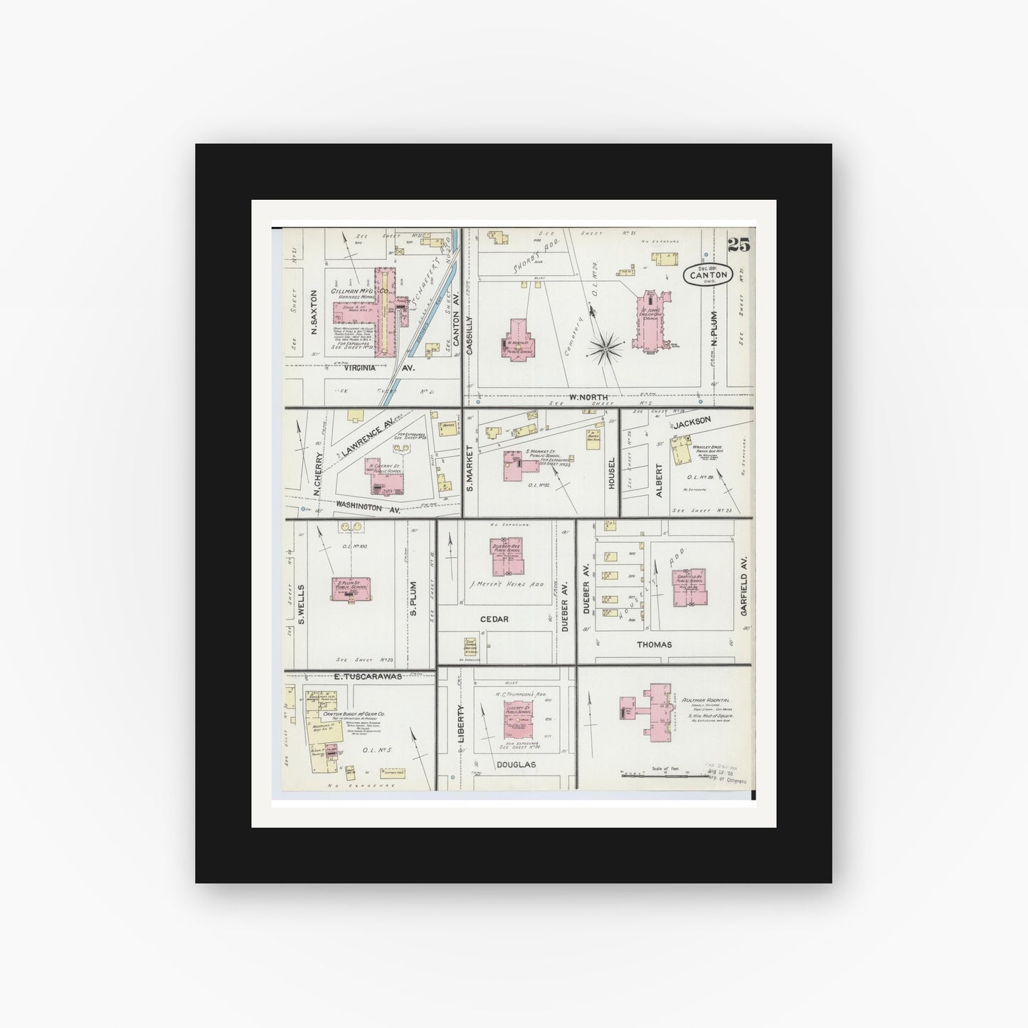 Old map wall art mockup — black gallery frame with white mat — Sanborn Fire Insurance Map from Canton, Stark County, Ohio (1891), Sheet #0025