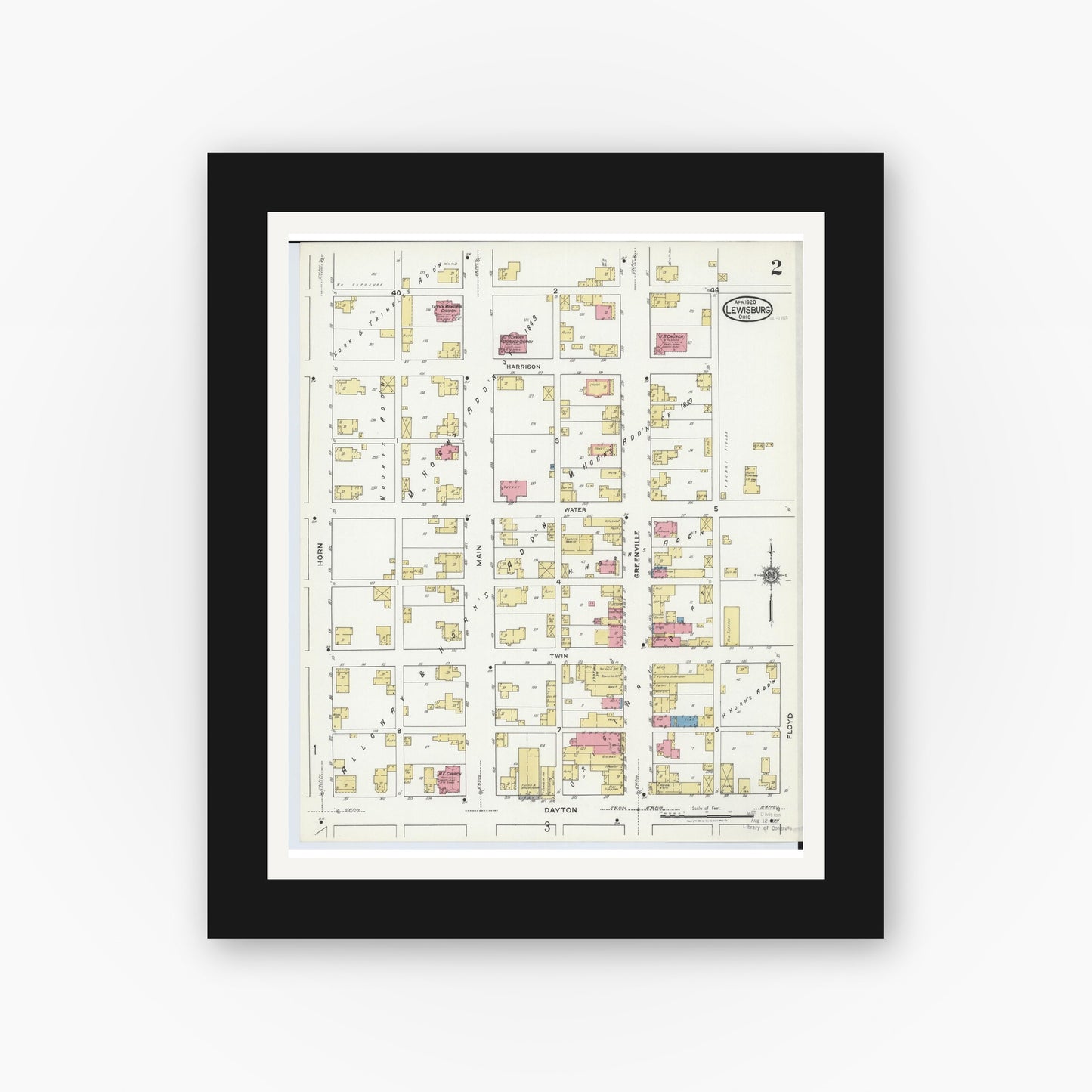 Old map wall art mockup — black gallery frame with white mat — Sanborn Fire Insurance Map from Lewisburg, Preble County, Ohio (1920), Sheet #0002