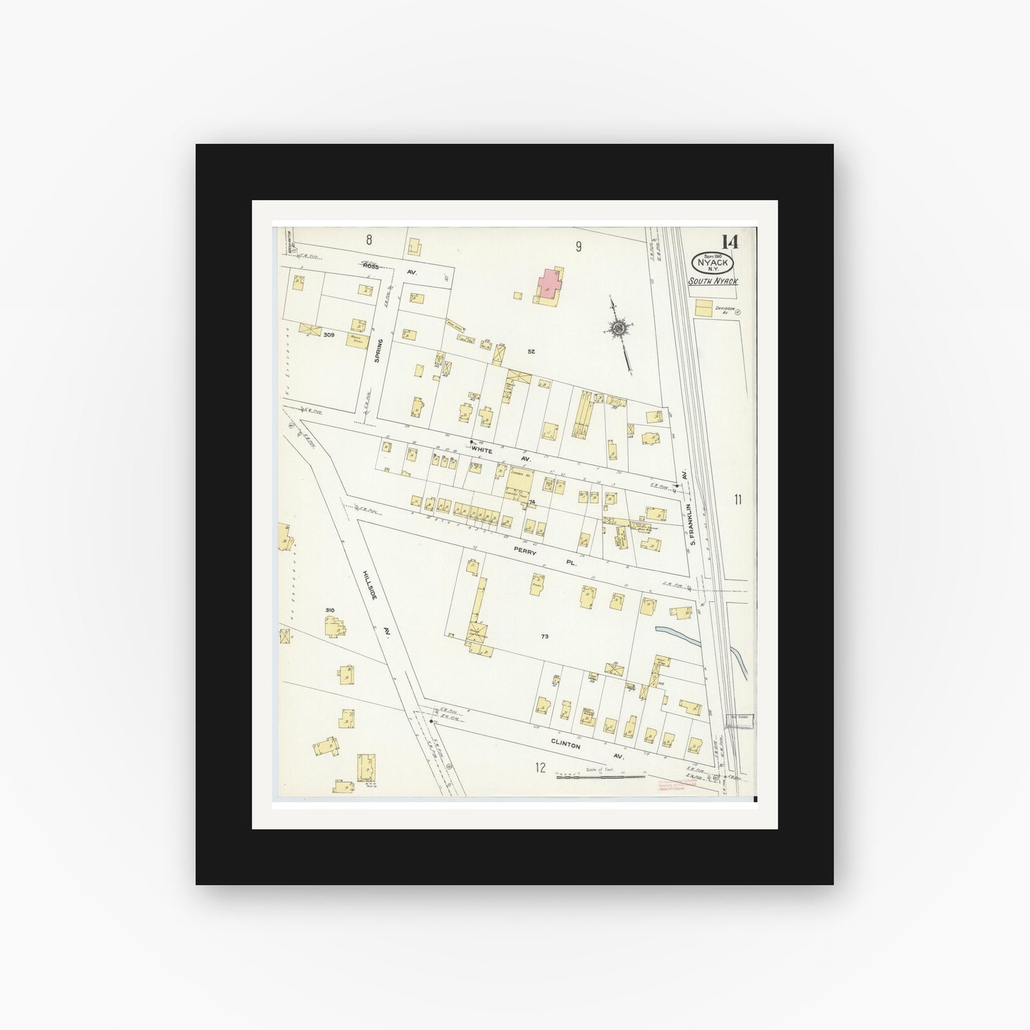 Old map wall art mockup — black gallery frame with white mat — Sanborn Fire Insurance Map from Nyack, Rockland County, New York. (1910), Sheet #0014