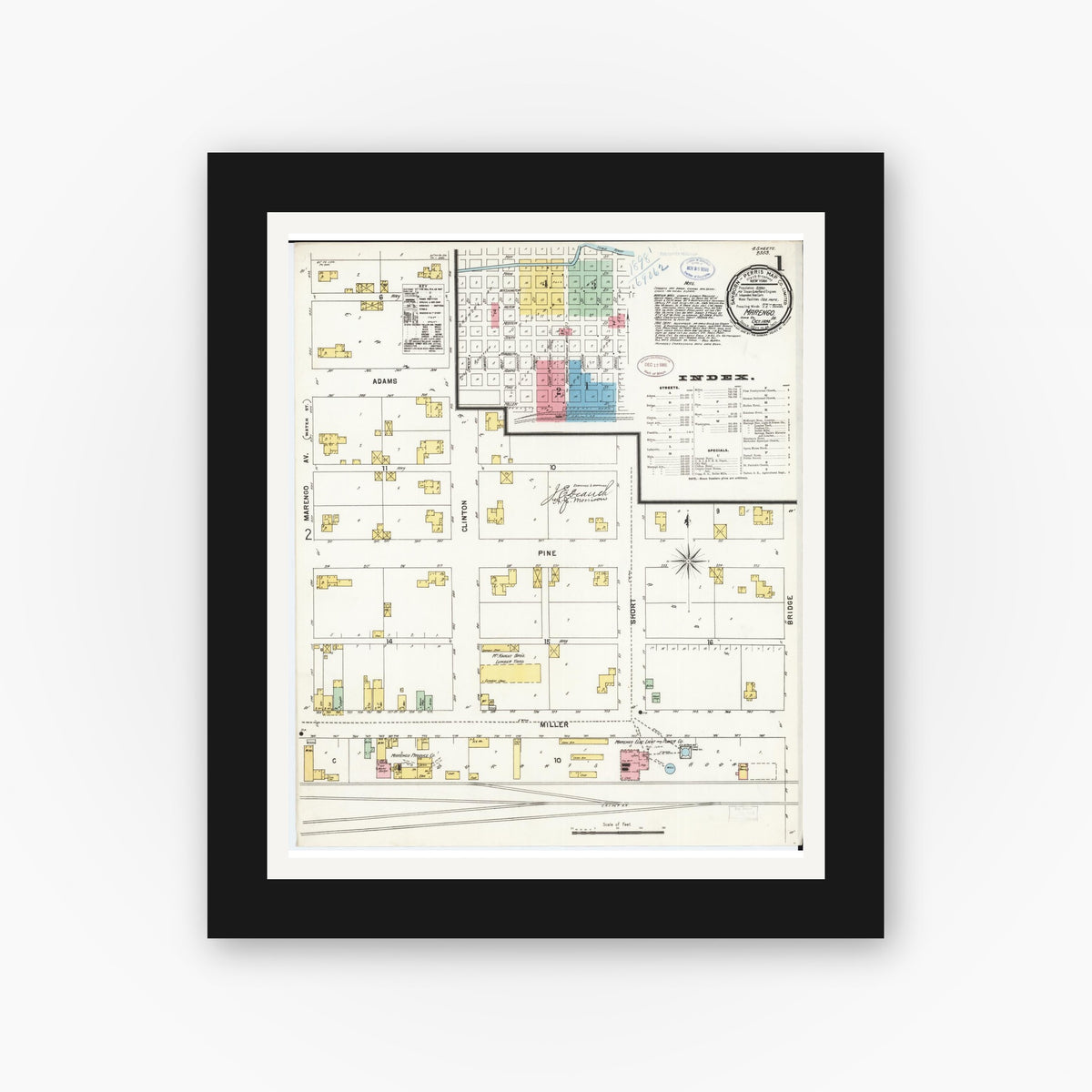 Old map wall art mockup — black gallery frame with white mat — Sanborn Fire Insurance Map from Marengo, Iowa County, Iowa (1898) — Complete Set