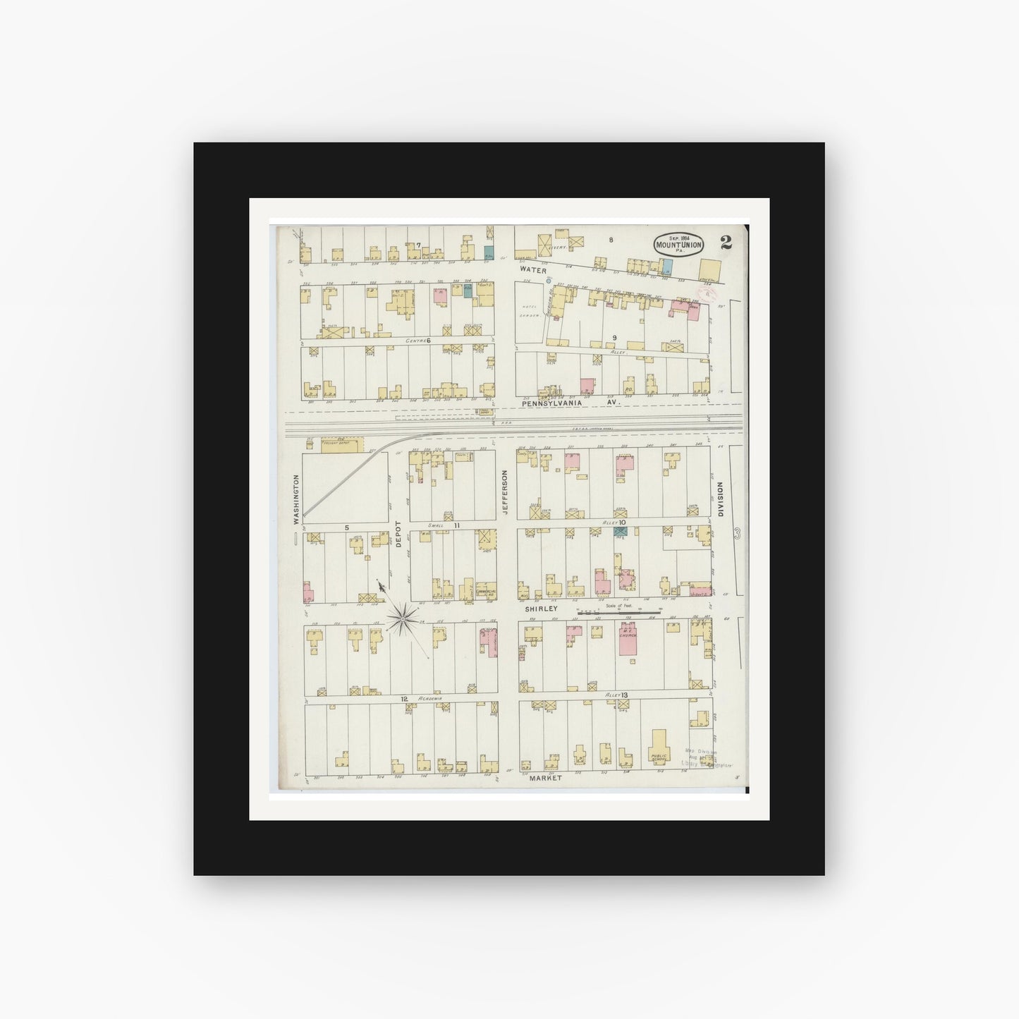 Old map wall art mockup — black gallery frame with white mat — Sanborn Fire Insurance Map from Mount Union, Huntingdon County, Pennsylvania (1894), Sheet #0002
