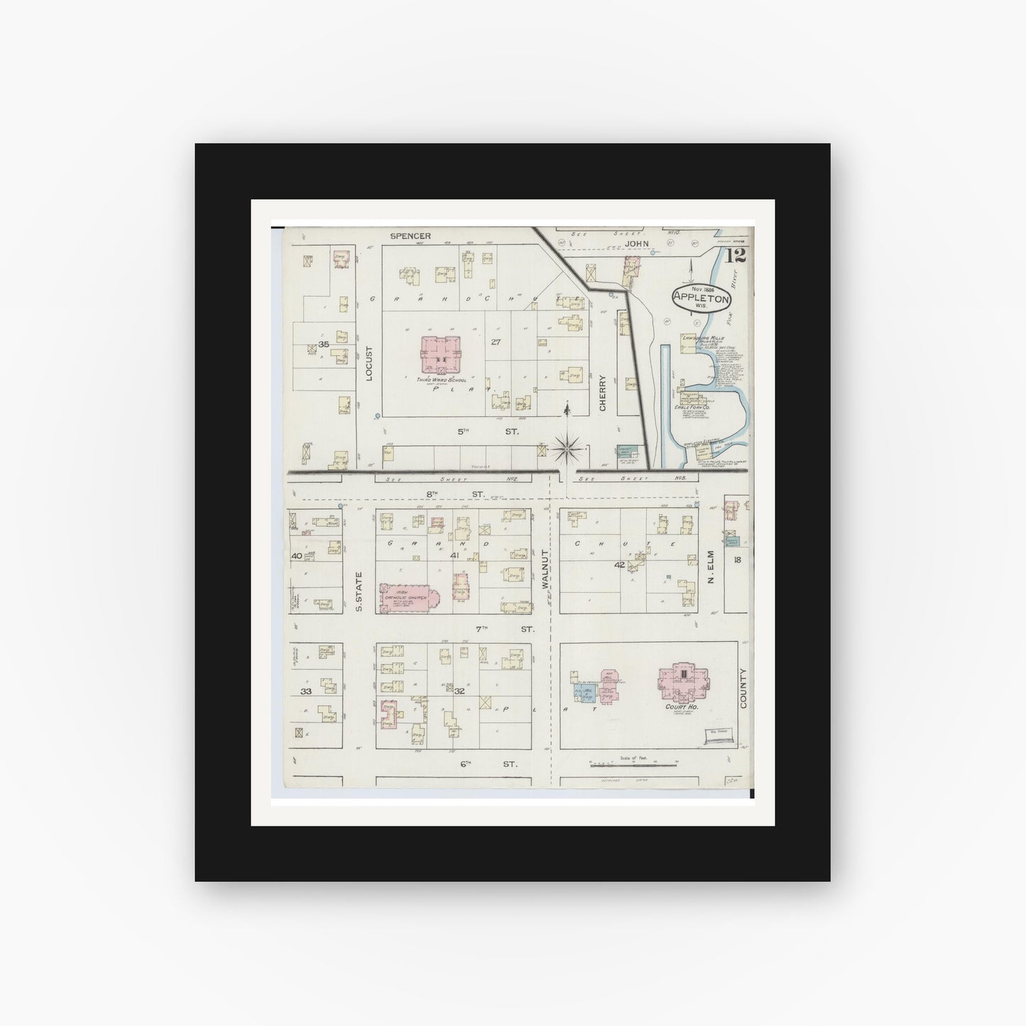 Old map wall art mockup — black gallery frame with white mat — Sanborn Fire Insurance Map from Appleton, Outagamie County, Wisconsin (1886), Sheet #0012