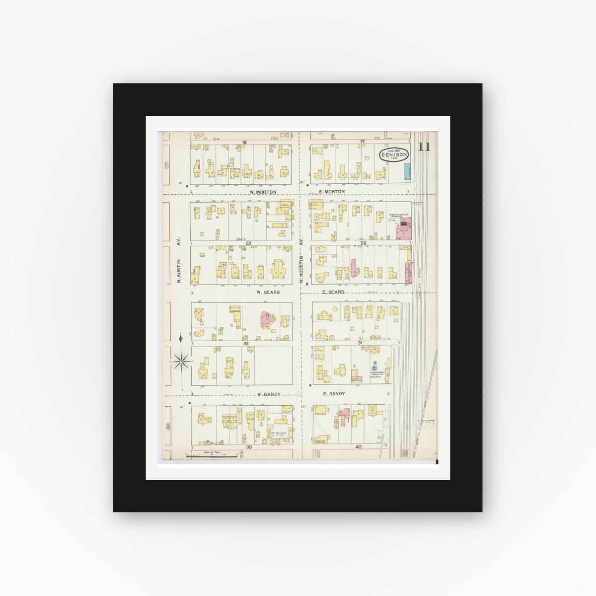 Old map wall art mockup — black gallery frame with white mat — Sanborn Fire Insurance Map from Denison, Grayson County, Texas (1892), Sheet #0011