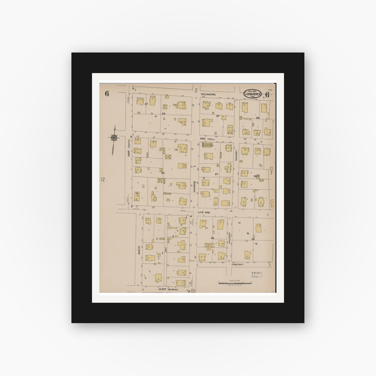 Old map wall art mockup — black gallery frame with white mat — Sanborn Fire Insurance Map from Commerce, Hunt County, Texas (1922), Sheet #0006