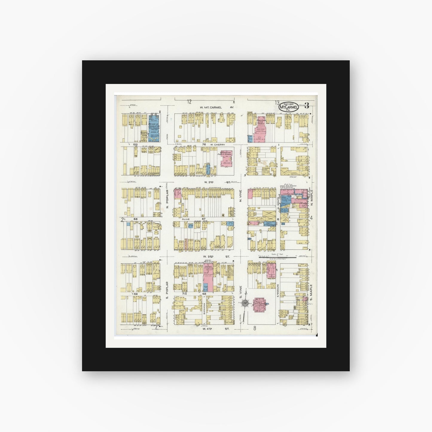 Old map wall art mockup — black gallery frame with white mat — Sanborn Fire Insurance Map from Mount Carmel, Northumberland County, Pennsylvania (1920), Sheet #0003