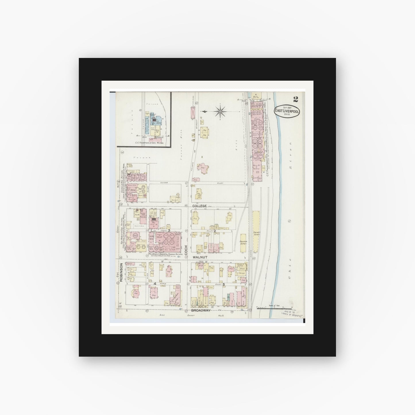 Old map wall art mockup — black gallery frame with white mat — Sanborn Fire Insurance Map from East Liverpool, Columbiana County, Ohio (1887), Sheet #0002