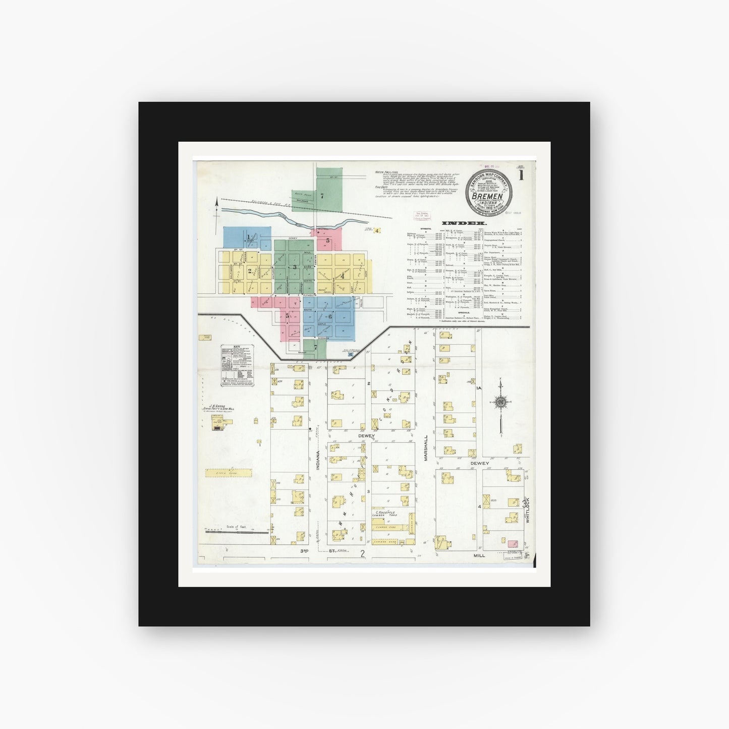 Old map wall art mockup — black gallery frame with white mat — Sanborn Fire Insurance Map from Bremen, Marshall County, Indiana (1910) - Complete Map Set