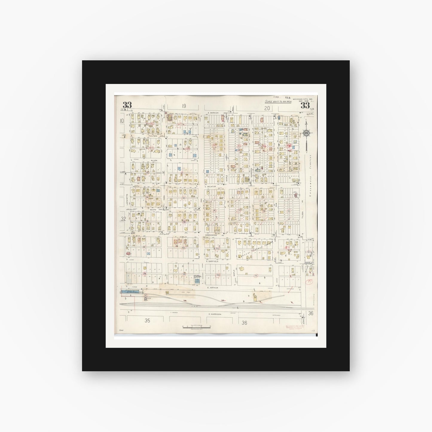 Old map wall art mockup — black gallery frame with white mat — Sanborn Fire Insurance Map from Michigan City, La Porte County, Indiana (1948), Sheet #0033