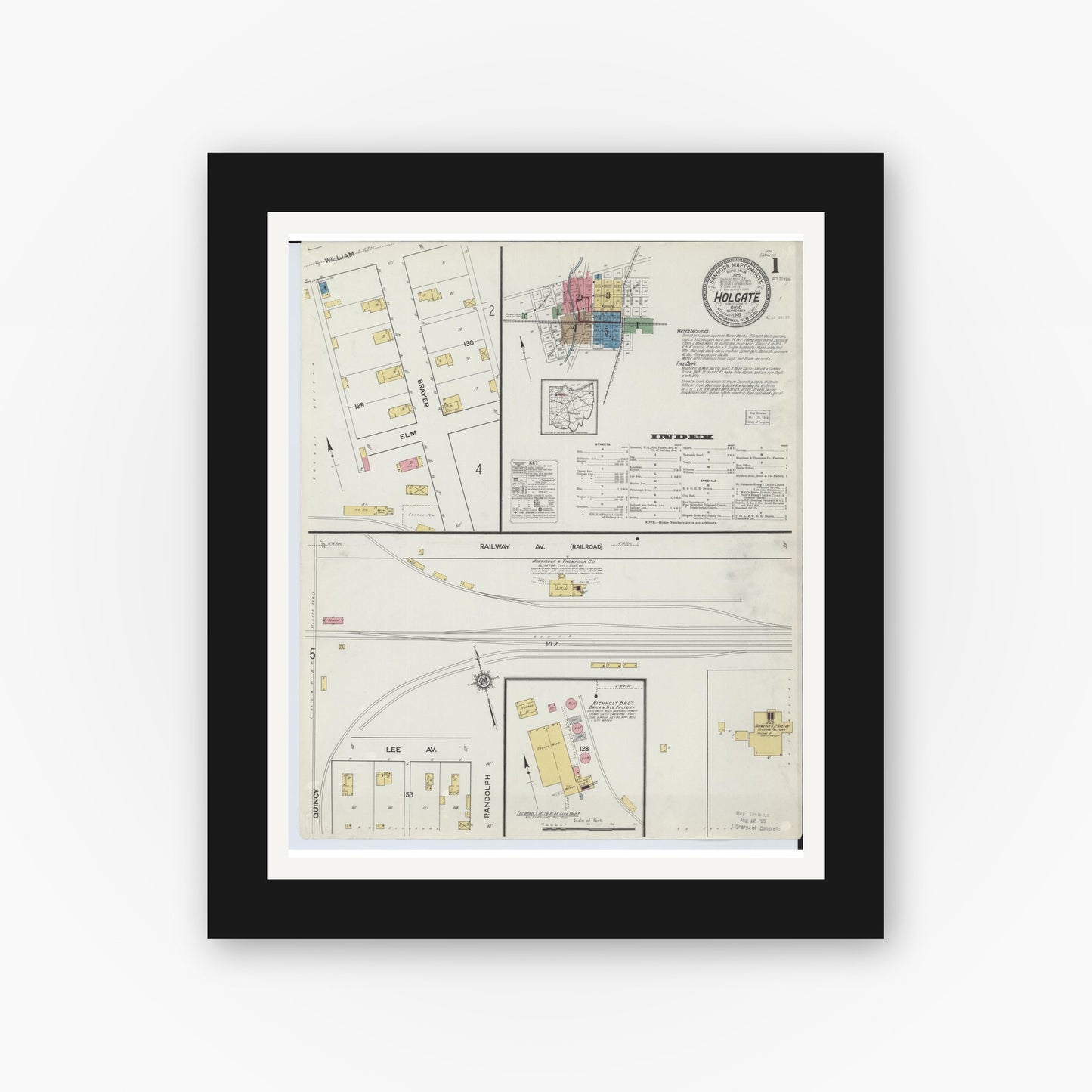 Old map wall art mockup — black gallery frame with white mat — Sanborn Fire Insurance Map from Holgate, Henry County, Ohio (1916) - Complete Map Set