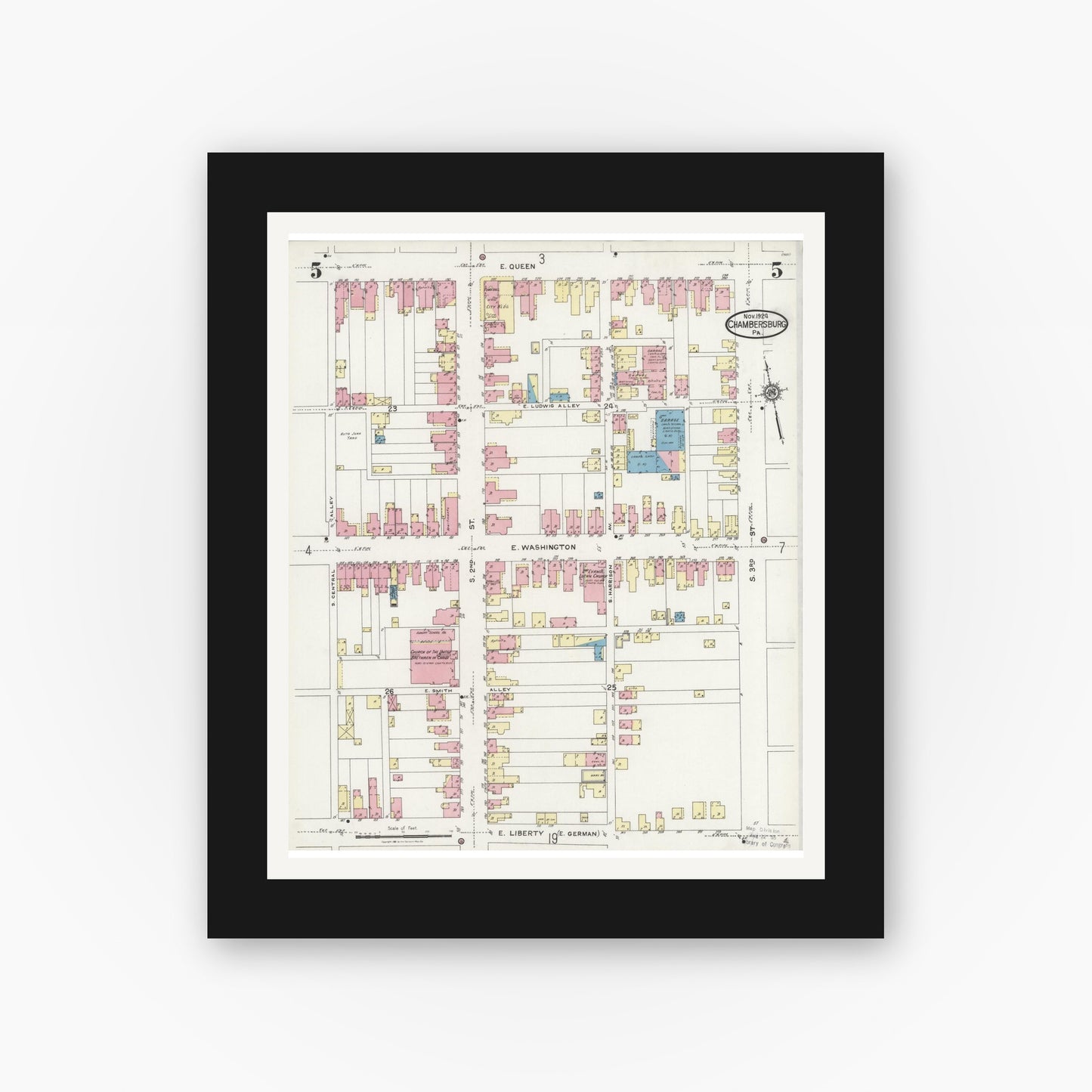 Old map wall art mockup — black gallery frame with white mat — Sanborn Fire Insurance Map from Chambersburg, Franklin County, Pennsylvania (1924), Sheet #0005