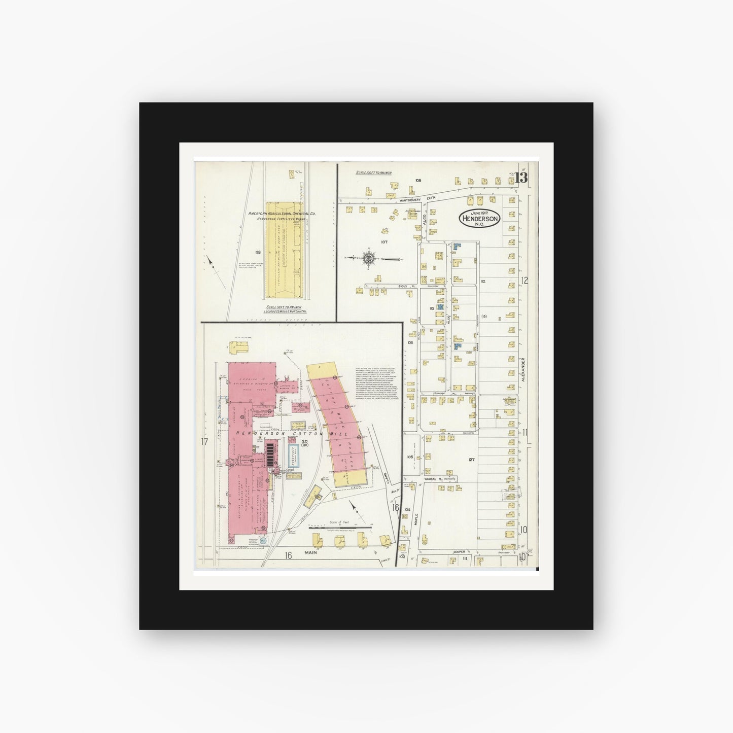 Old map wall art mockup — black gallery frame with white mat — Sanborn Fire Insurance Map from Henderson, Vance County, North Carolina (1917), Sheet #0013