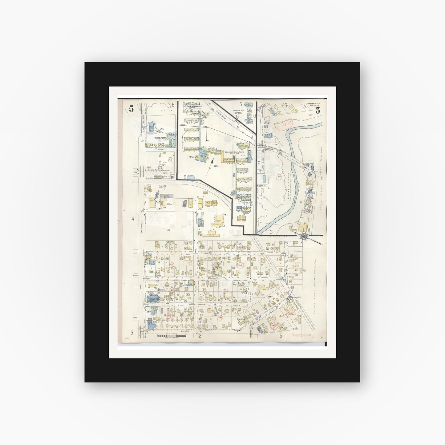 Old map wall art mockup — black gallery frame with white mat — Sanborn Fire Insurance Map from Wahiawa, Honolulu County, Hawaii (1957), Sheet #0005