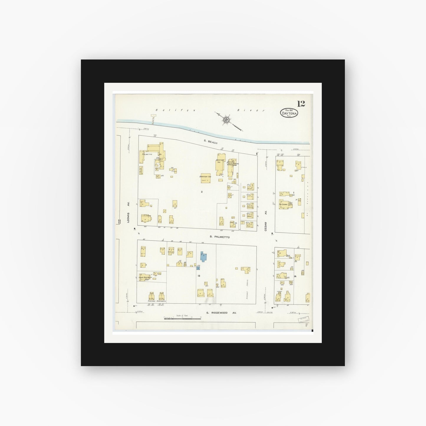 Old map wall art mockup — black gallery frame with white mat — Sanborn Fire Insurance Map from Daytona, Volusia County, Florida (1912), Sheet #0012
