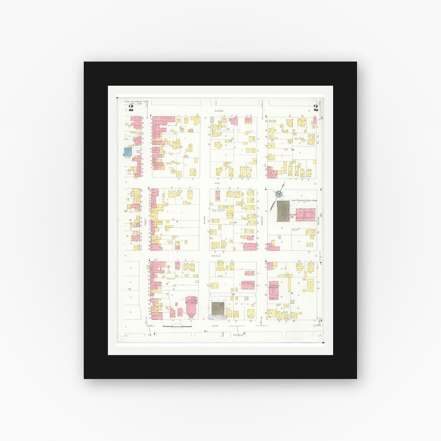 Old map wall art mockup — black gallery frame with white mat — Sanborn Fire Insurance Map from New Richmond, Clermont County, Ohio (1933), Sheet #0002
