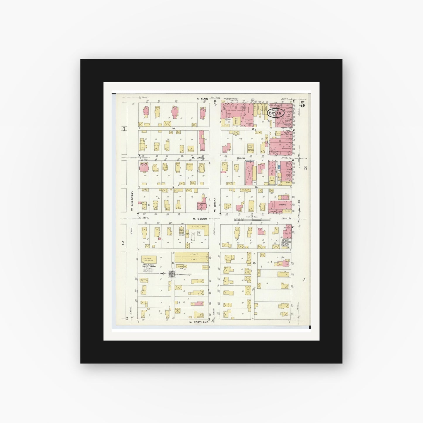 Old map wall art mockup — black gallery frame with white mat — Sanborn Fire Insurance Map from Bryan, Williams County, Ohio (1911), Sheet #0005