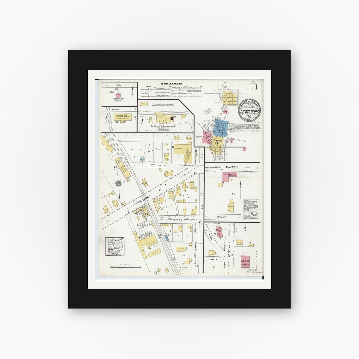 Old map wall art mockup — black gallery frame with white mat — Sanborn Fire Insurance Map from Lewisburg, Preble County, Ohio (1920) - Complete Map Set
