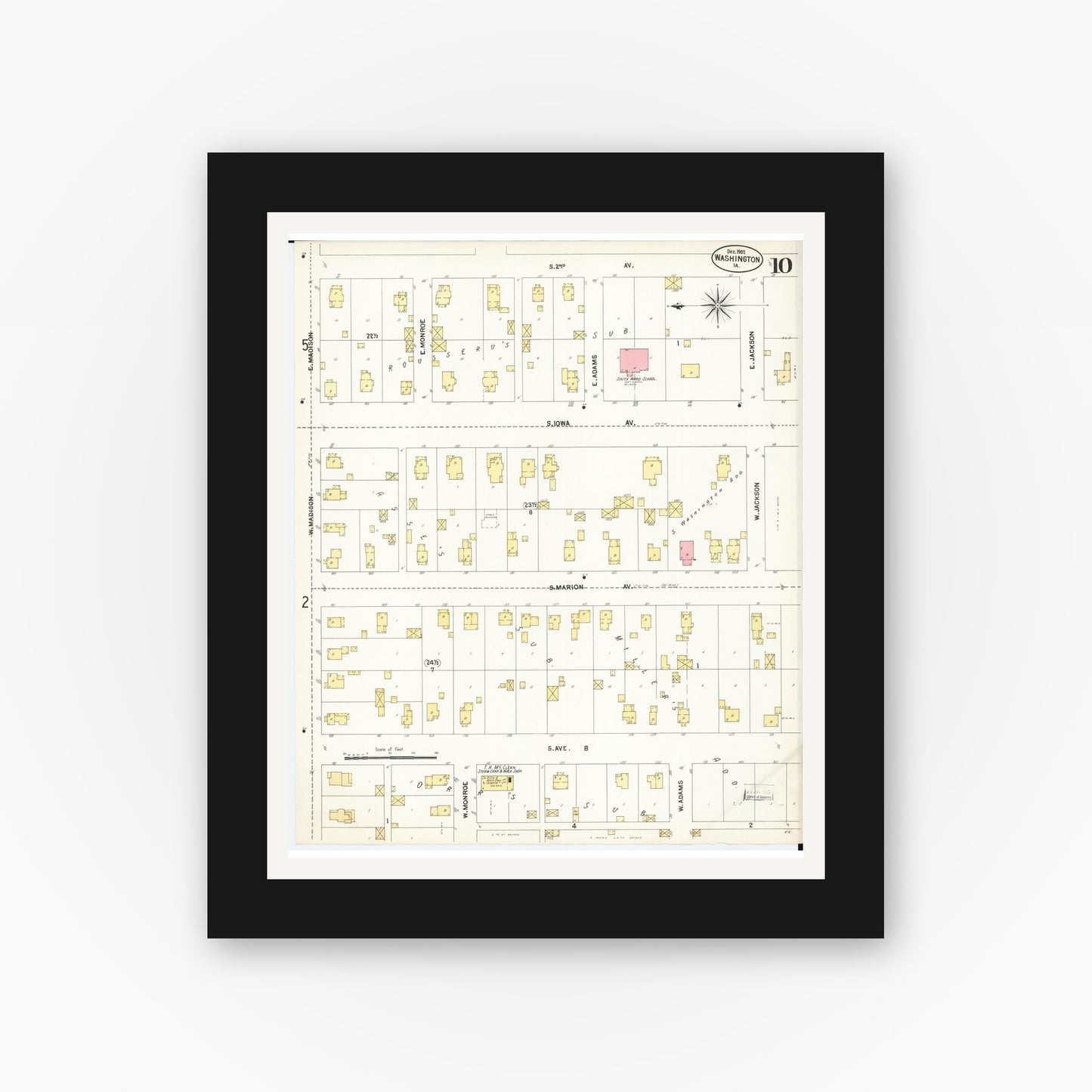Old map wall art mockup — black gallery frame with white mat — Sanborn Fire Insurance Map from Washington, Washington County, Iowa (1902), Sheet #0010