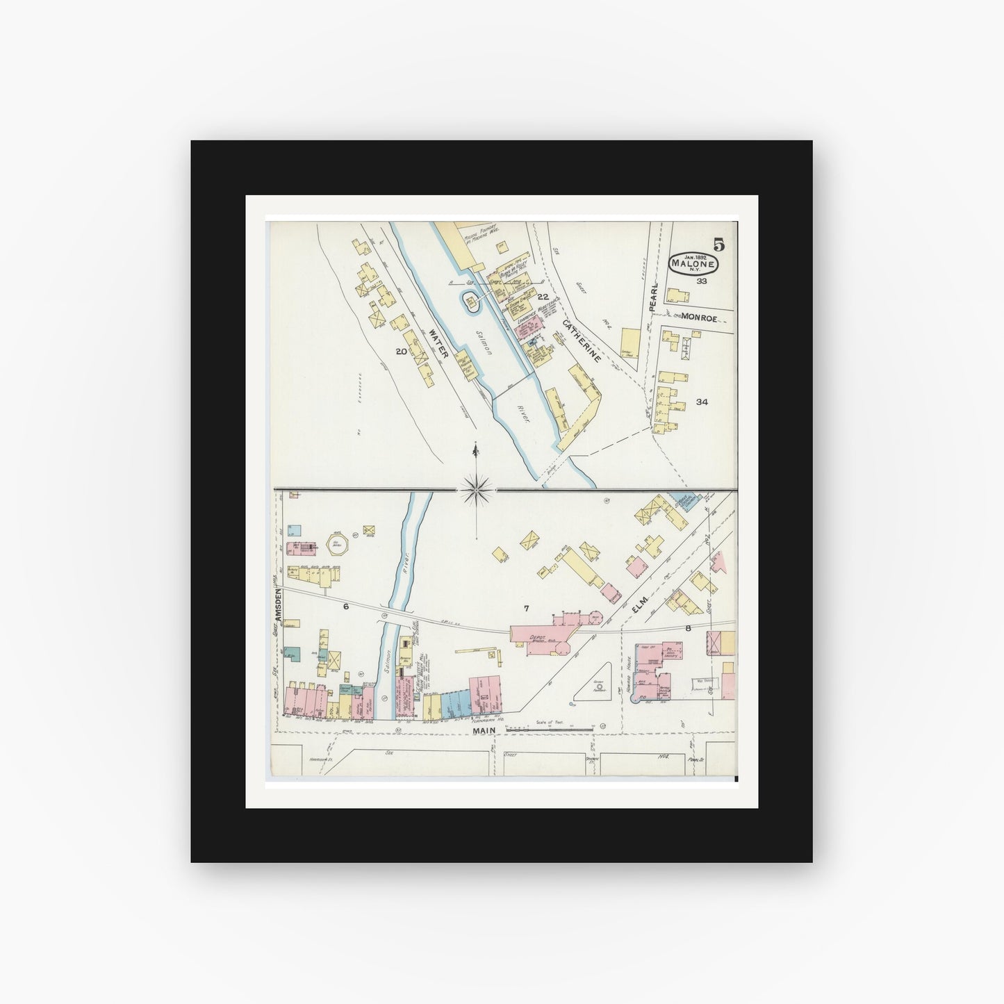 Old map wall art mockup — black gallery frame with white mat — Sanborn Fire Insurance Map from Malone, Franklin County, New York (1892), Sheet #0005