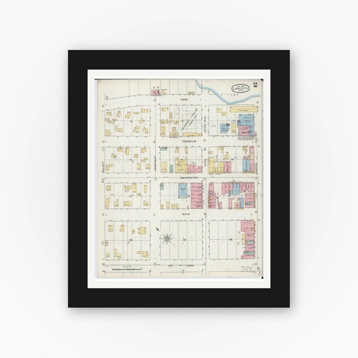 Old map wall art mockup — black gallery frame with white mat — Sanborn Fire Insurance Map from Lake City, Wabasha County, Minnesota (1894), Sheet #0002
