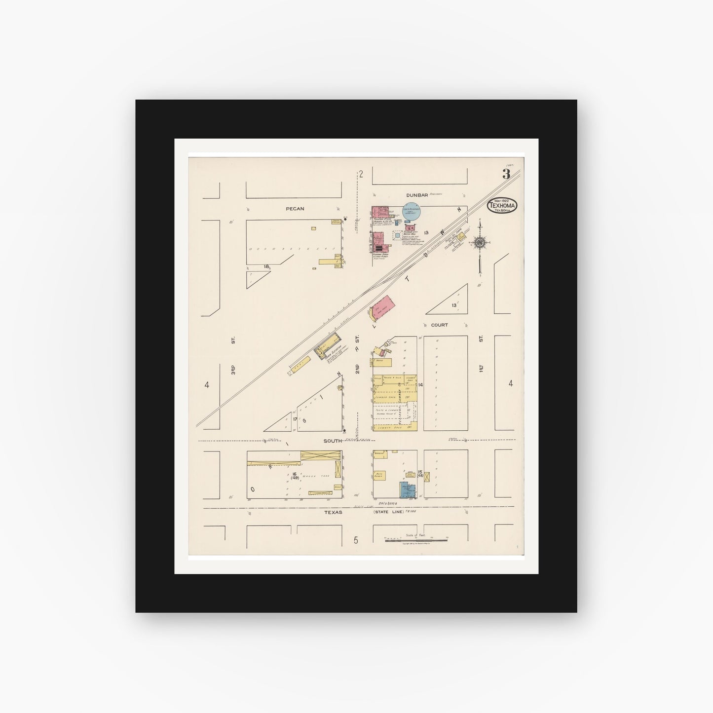 Old map wall art mockup — black gallery frame with white mat — Sanborn Fire Insurance Map from Texhoma, Texas County, Oklahoma and Sherman County, Texas, Texas (1922), Sheet #0003