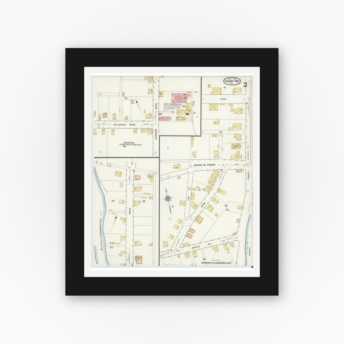Old map wall art mockup — black gallery frame with white mat — Sanborn Fire Insurance Map from Cherry Tree, Indiana County, Pennsylvania (1916), Sheet #0002