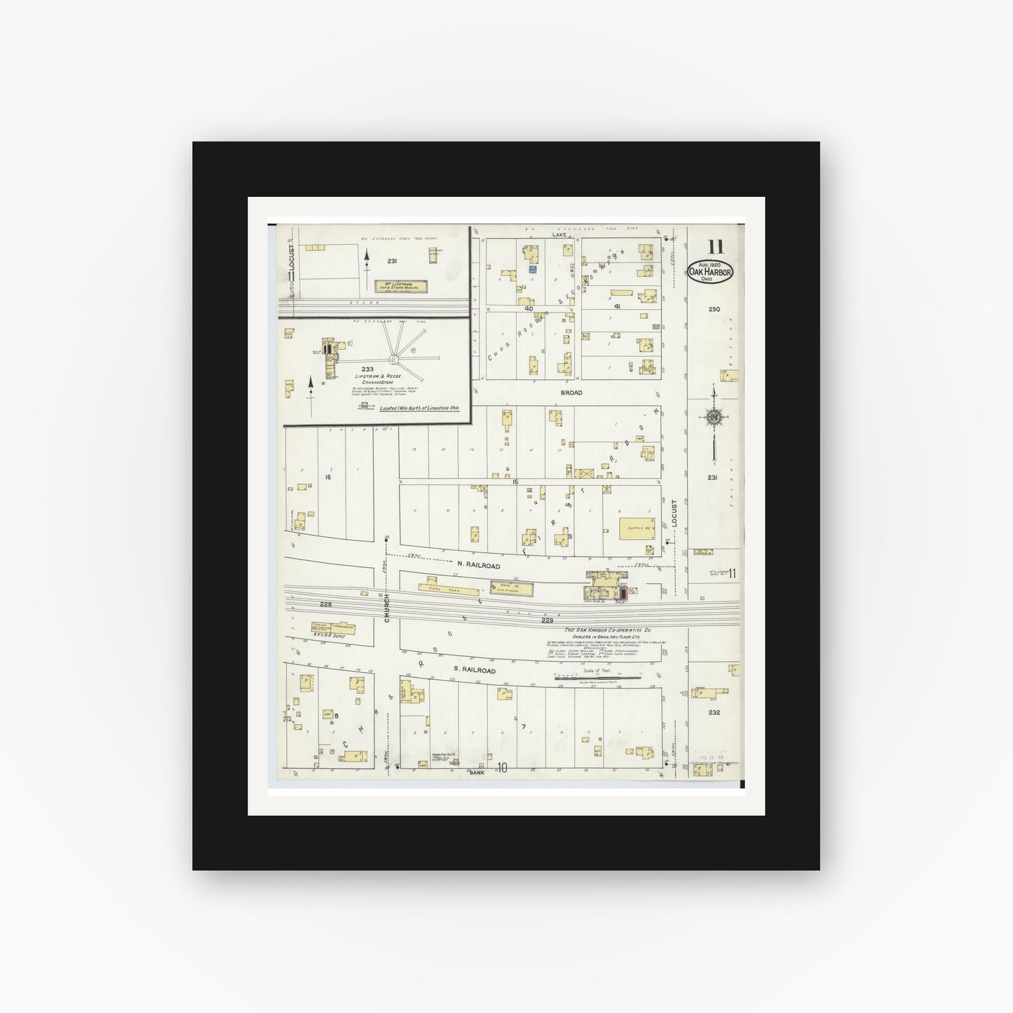 Old map wall art mockup — black gallery frame with white mat — Sanborn Fire Insurance Map from Oak Harbor, Ottawa County, Ohio (1920), Sheet #0011