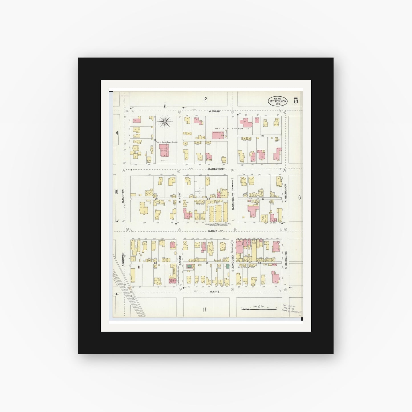 Old map wall art mockup — black gallery frame with white mat — Sanborn Fire Insurance Map from Mount Vernon, Knox County, Ohio (1903), Sheet #0005
