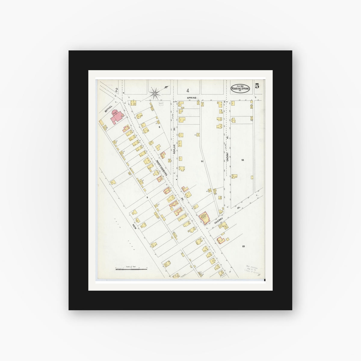 Old map wall art mockup — black gallery frame with white mat — Sanborn Fire Insurance Map from Roaring Spring, Blair County, Pennsylvania (1904), Sheet #0005