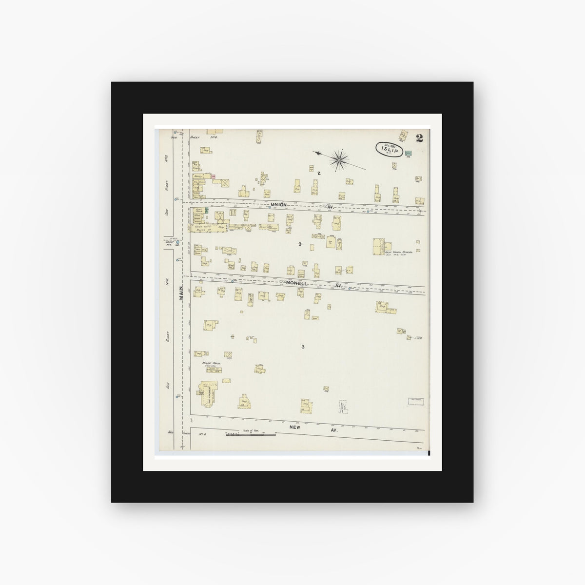 Old map wall art mockup — black gallery frame with white mat — Sanborn Fire Insurance Map from Islip, Suffolk County, New York (1890), Sheet #0002