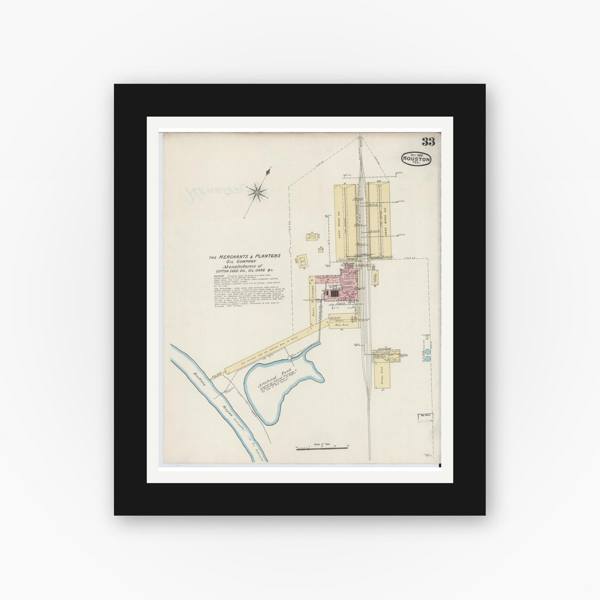 Old map wall art mockup — black gallery frame with white mat — Sanborn Fire Insurance Map from Houston, Harris County, Texas (1890), Sheet #0033