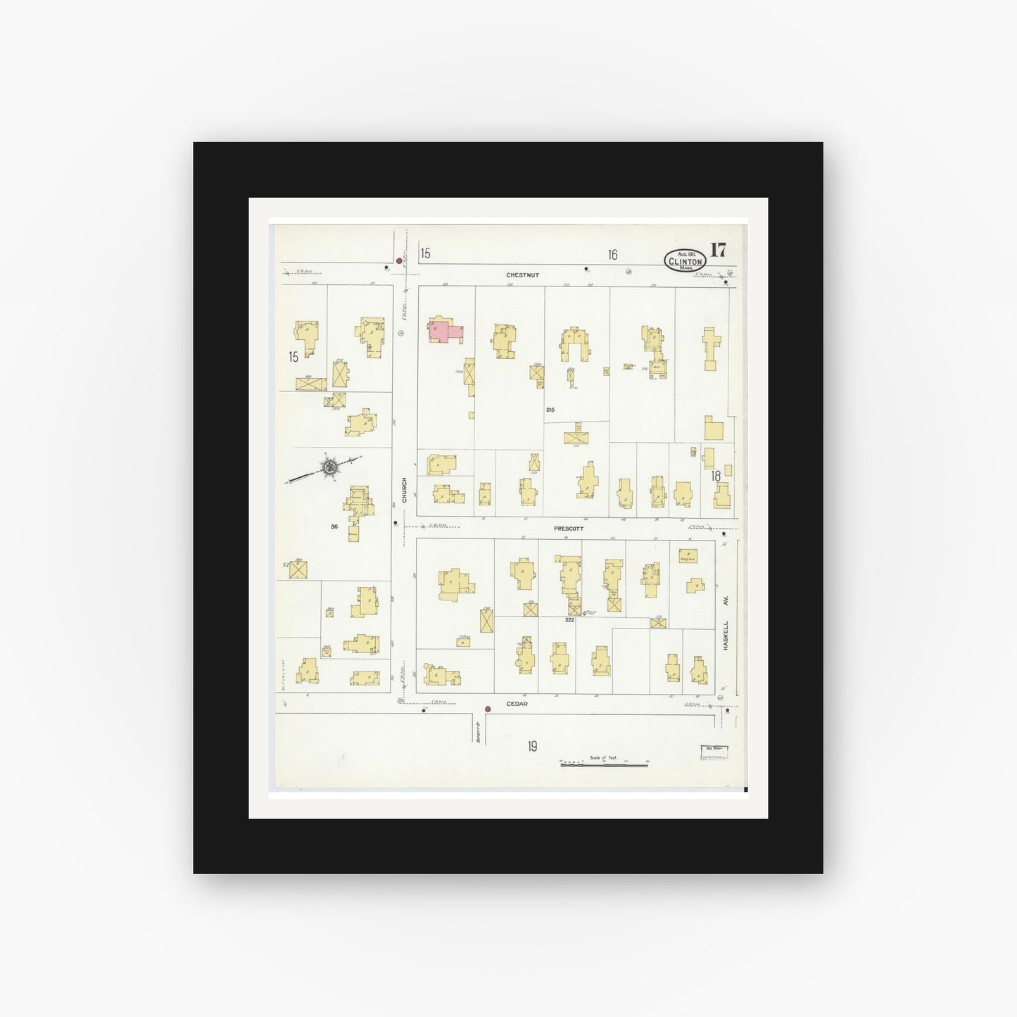 Old map wall art mockup — black gallery frame with white mat — Sanborn Fire Insurance Map from Clinton, Worcester County, Massachusetts (1911), Sheet #0017