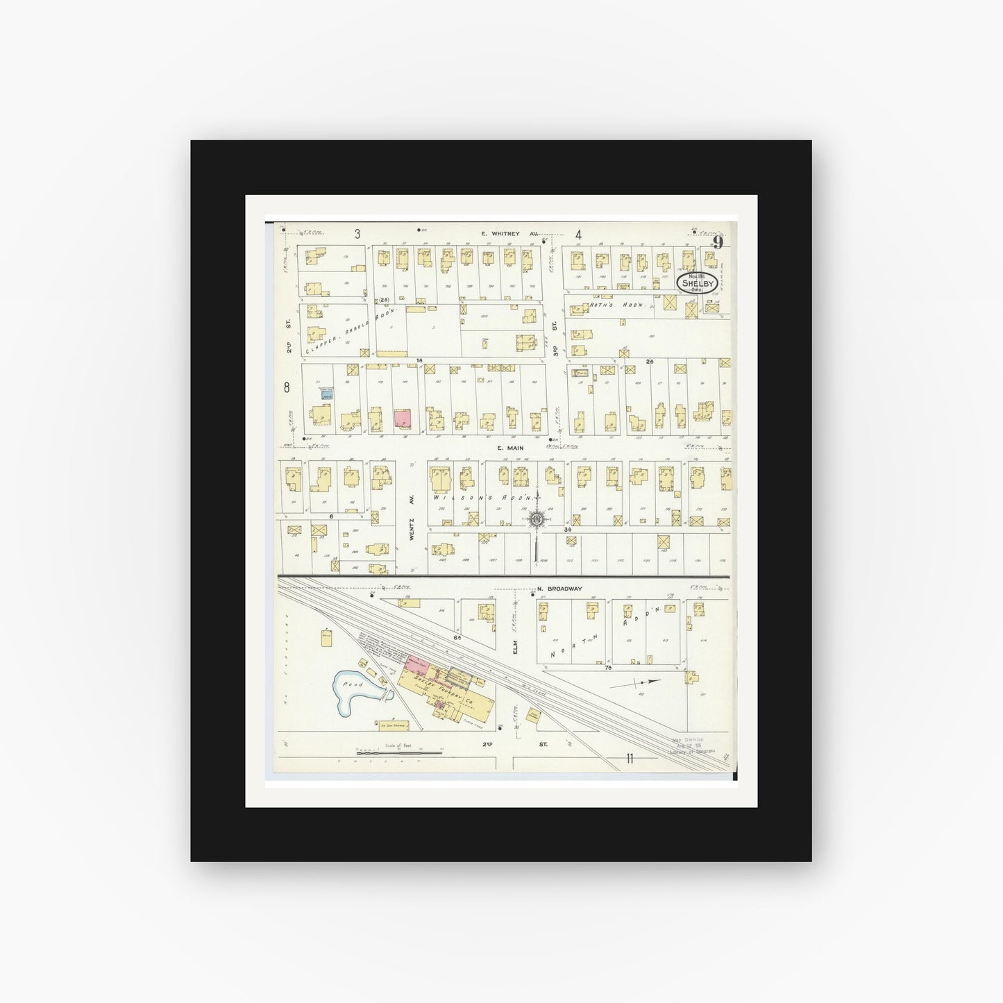 Old map wall art mockup — black gallery frame with white mat — Sanborn Fire Insurance Map from Shelby, Richland County, Ohio (1911), Sheet #0009
