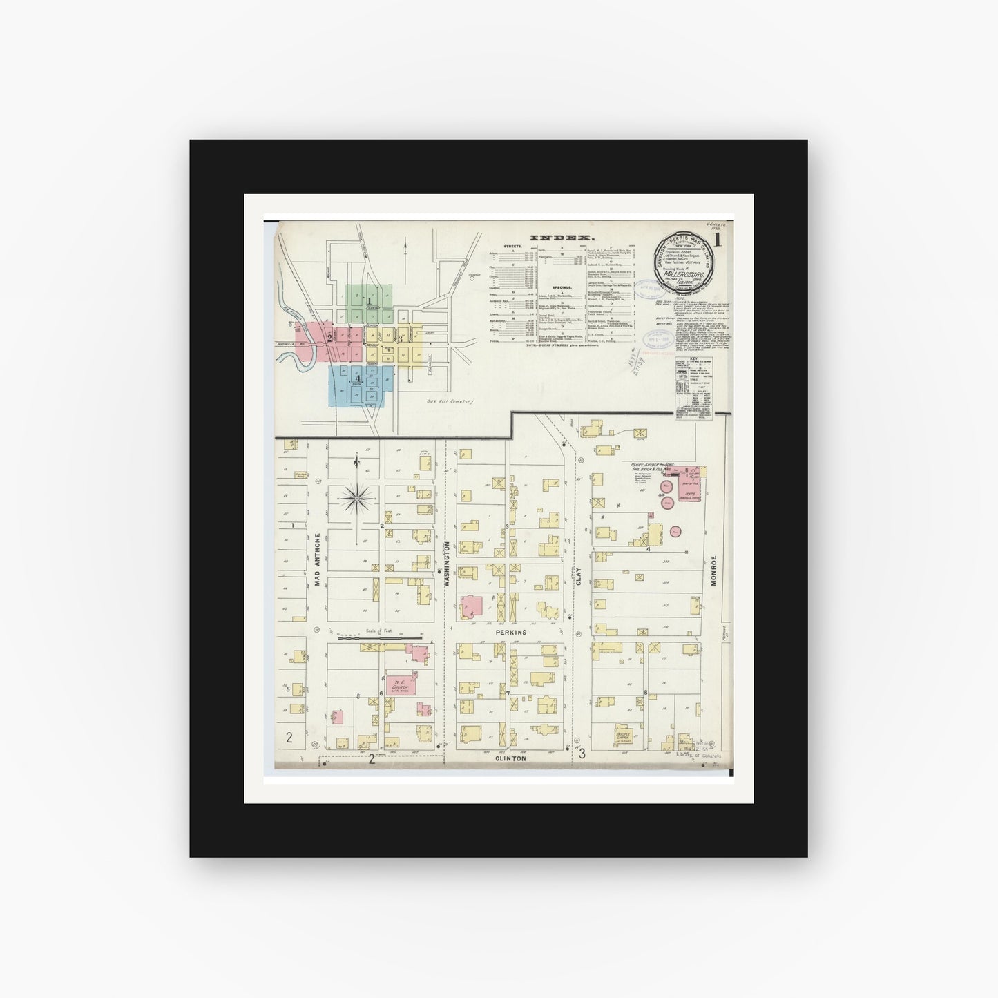 Old map wall art mockup — black gallery frame with white mat — Sanborn Fire Insurance Map from Millersburg, Holmes County, Ohio (1898), Sheet #0001