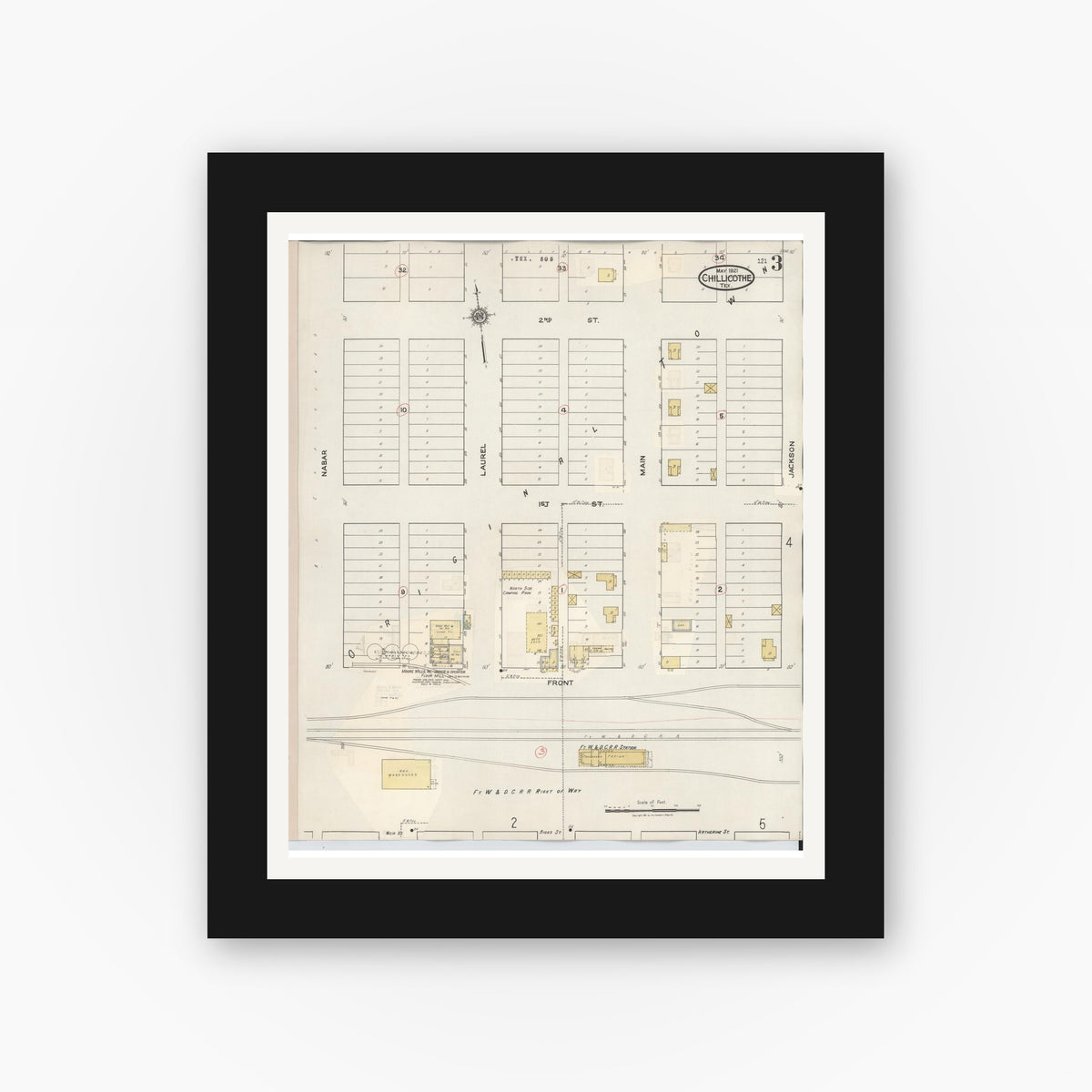 Old map wall art mockup — black gallery frame with white mat — Sanborn Fire Insurance Map from Chillicothe, Hardeman County, Texas (1941), Sheet #0003