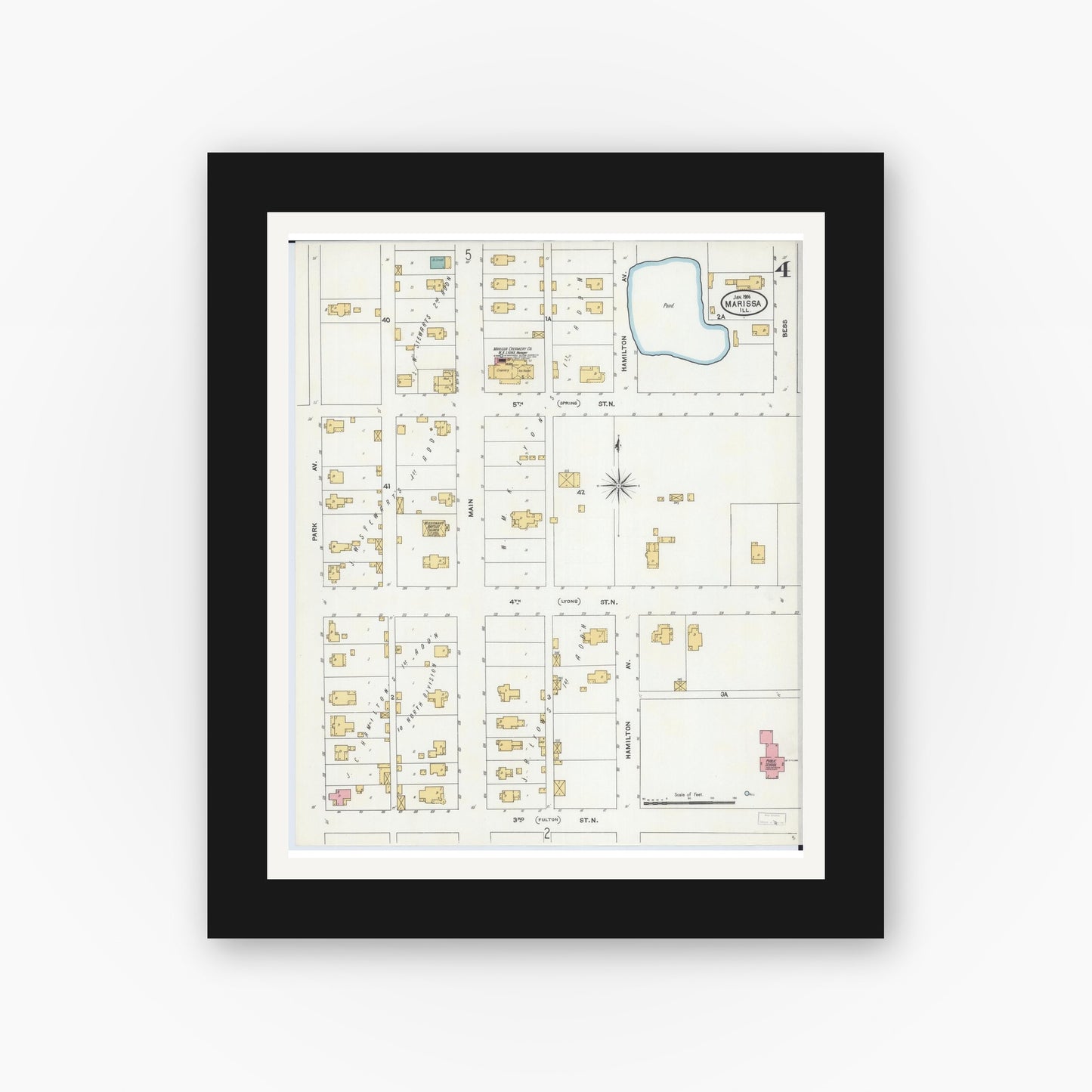 Old map wall art mockup — black gallery frame with white mat — Sanborn Fire Insurance Map from Marissa, Saint Clair County, Illinois (1906), Sheet #0004