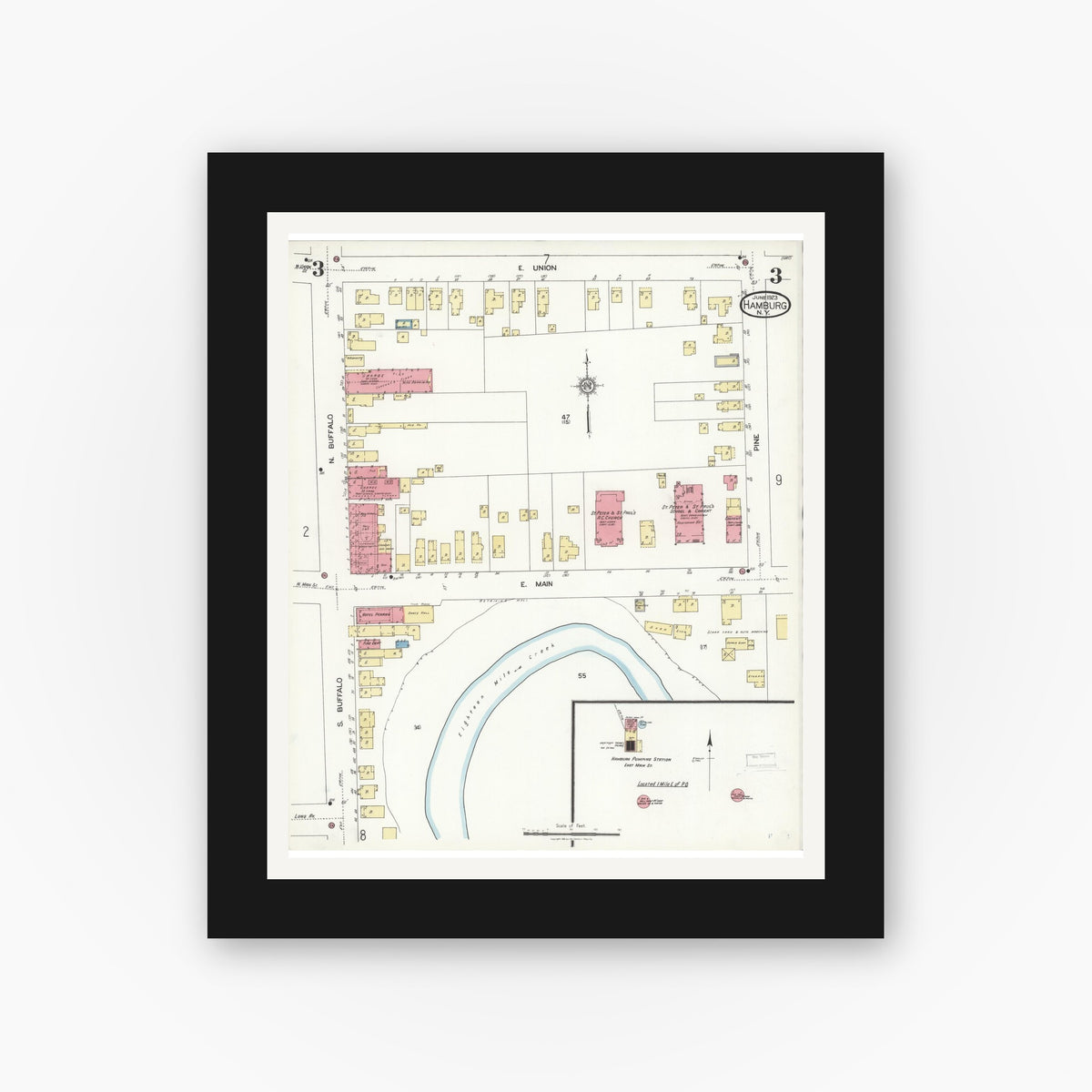 Old map wall art mockup — black gallery frame with white mat — Sanborn Fire Insurance Map from Hamburg, Erie County, New York (1923), Sheet #0003