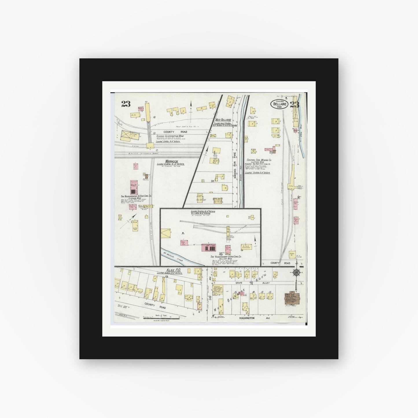 Old map wall art mockup — black gallery frame with white mat — Sanborn Fire Insurance Map from Bellaire, Belmont County, Ohio (1924), Sheet #0023