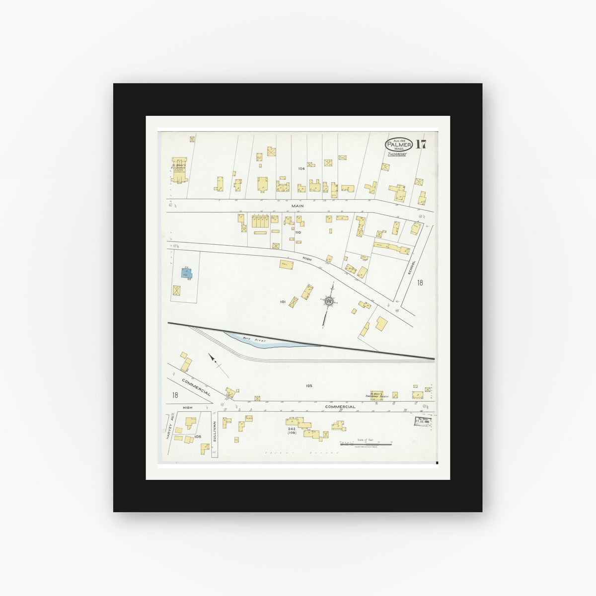 Old map wall art mockup — black gallery frame with white mat — Sanborn Fire Insurance Map from Palmer, Hampden County, Massachusetts (1918), Sheet #0017