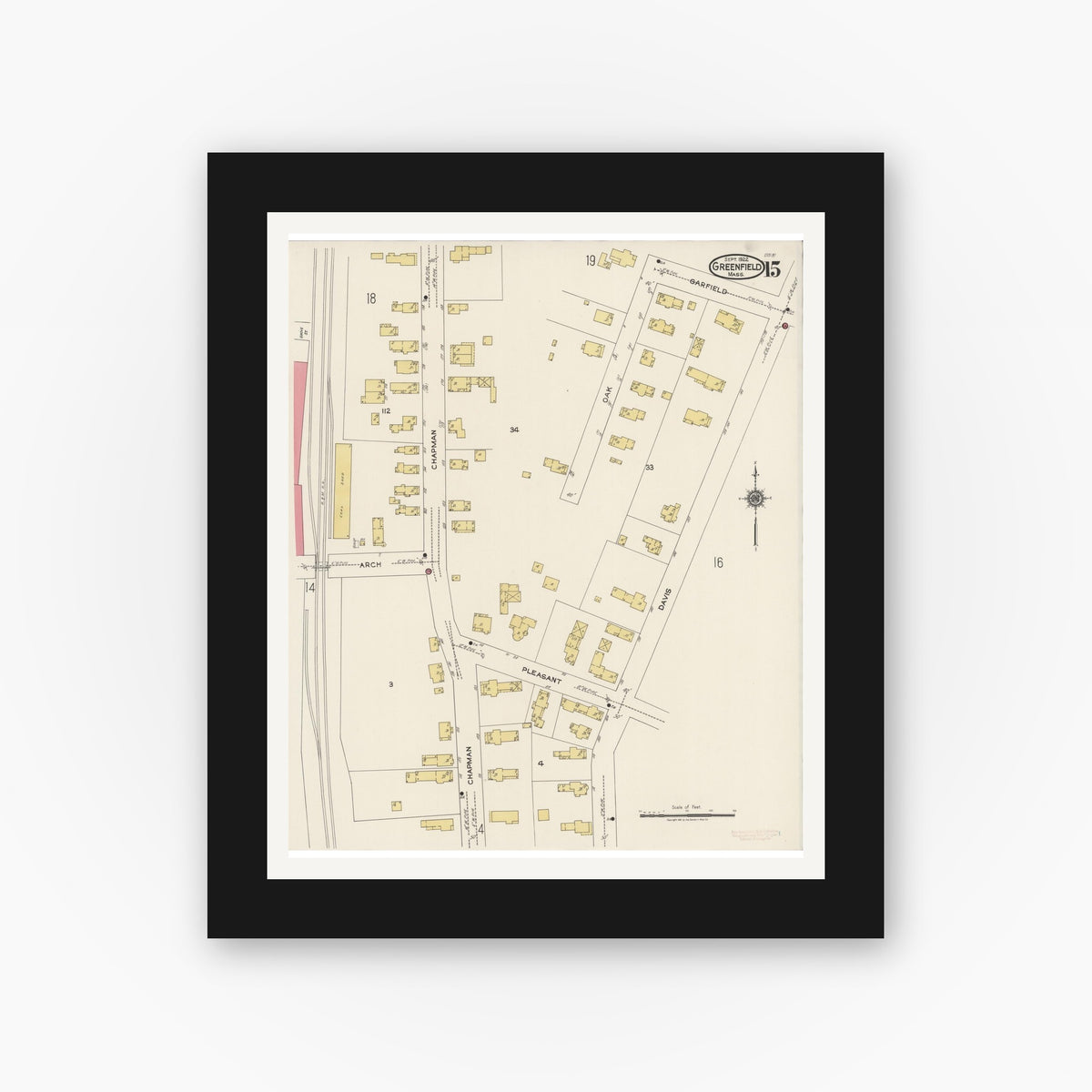Old map wall art mockup — black gallery frame with white mat — Sanborn Fire Insurance Map from Greenfield, Franklin County, Massachusetts (1922), Sheet #0015