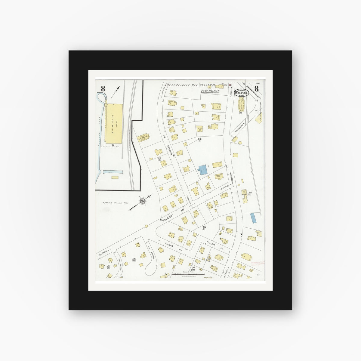 Old map wall art mockup — black gallery frame with white mat — Sanborn Fire Insurance Map from Walpole, Norfolk County, Massachusetts (1927), Sheet #0008