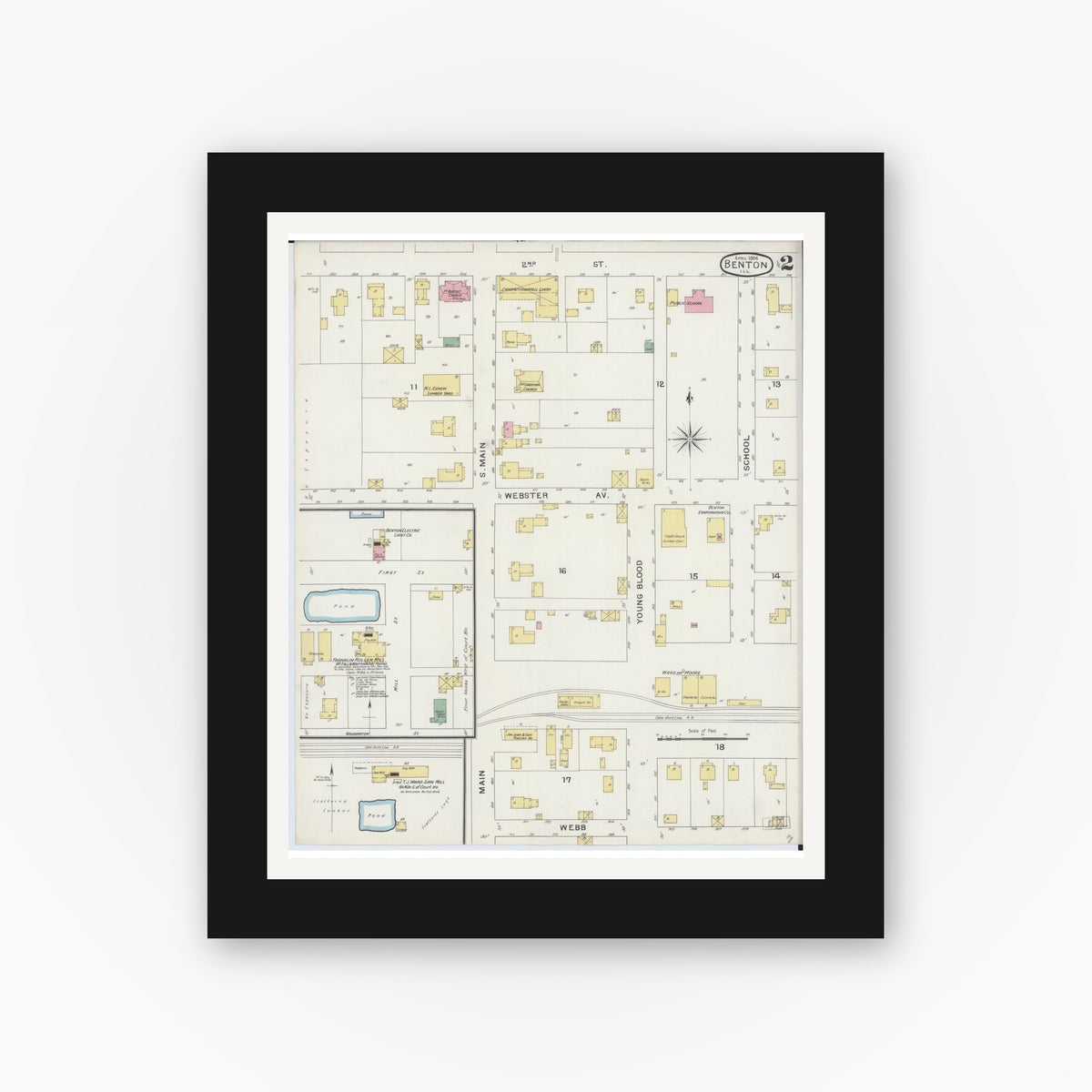 Old map wall art mockup — black gallery frame with white mat — Sanborn Fire Insurance Map from Benton, Franklin County, Illinois (1894), Sheet #0002