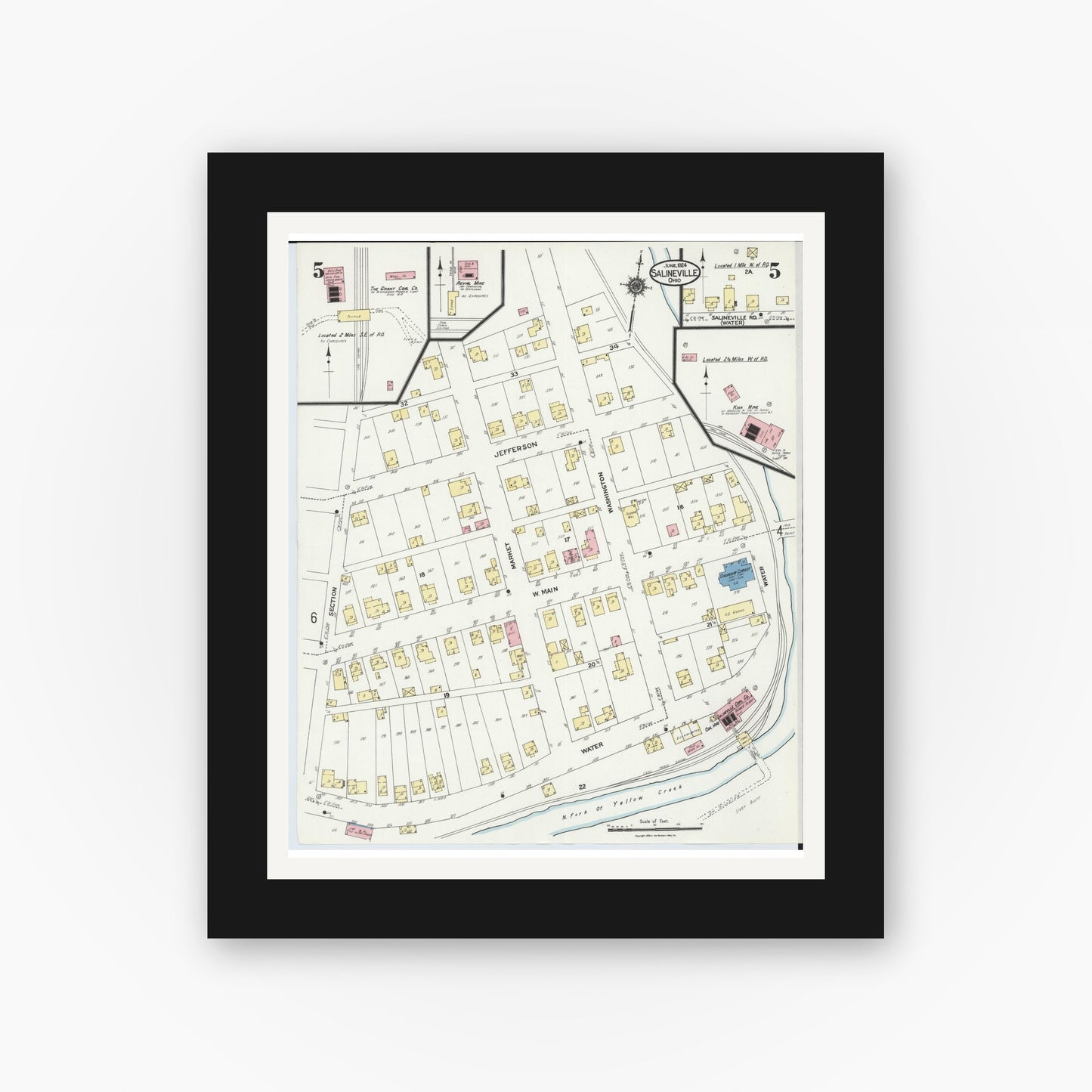Old map wall art mockup — black gallery frame with white mat — Sanborn Fire Insurance Map from Salineville, Columbiana County, Ohio (1924), Sheet #0005
