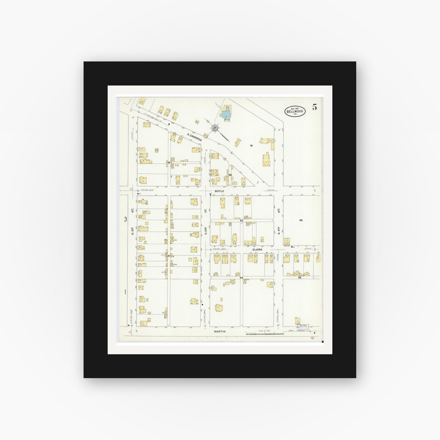 Old map wall art mockup — black gallery frame with white mat — Sanborn Fire Insurance Map from Bellwood, Blair County, Pennsylvania (1910), Sheet #0005
