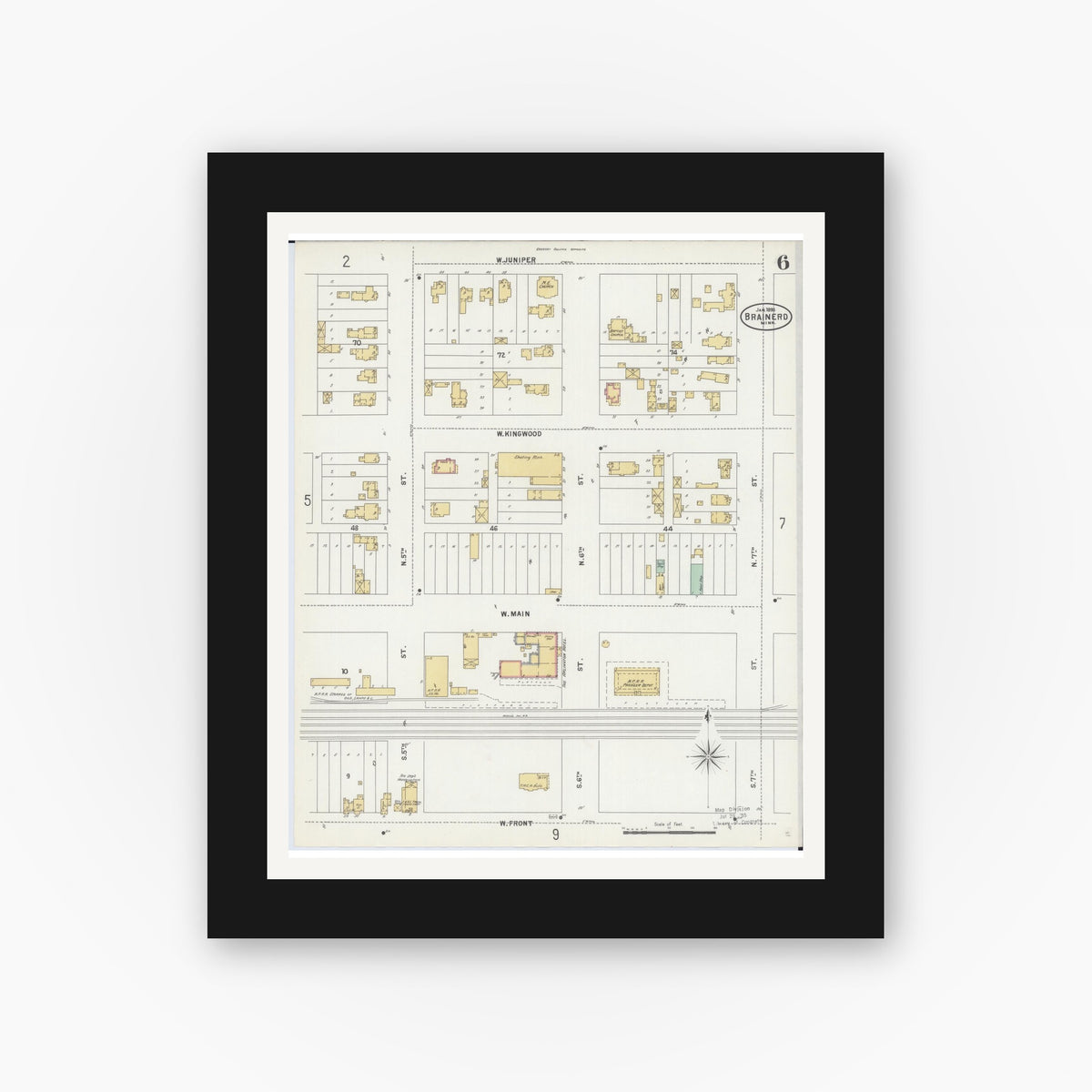 Old map wall art mockup — black gallery frame with white mat — Sanborn Fire Insurance Map from Brainerd, Crow Wing County, Minnesota (1898), Sheet #0006