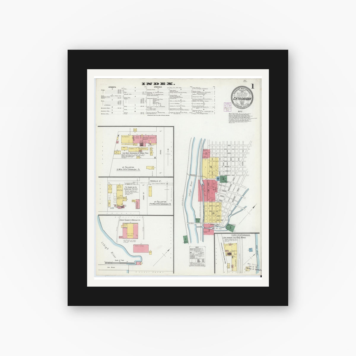 Old map wall art mockup — black gallery frame with white mat — Sanborn Fire Insurance Map from Catasauqua, Lehigh County, Pennsylvania (1902) - Complete Map Set