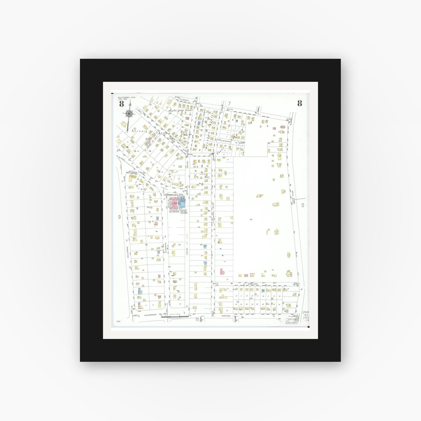 Old map wall art mockup — black gallery frame with white mat — Sanborn Fire Insurance Map from Willoughby, Lake County, Ohio (1952), Sheet #0008